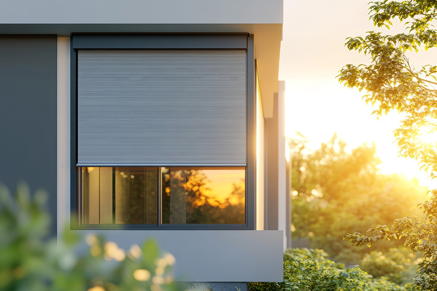 Haus im Sommer mit Sonnenaufgang im Hintergrund, Fenster mit Rolladen